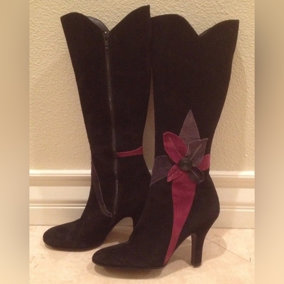 DAVOS GAMMA Black Suede High Heel Boots Burgundy Gray Floral Design 9.5 M ITALY - Picture 1 of 12